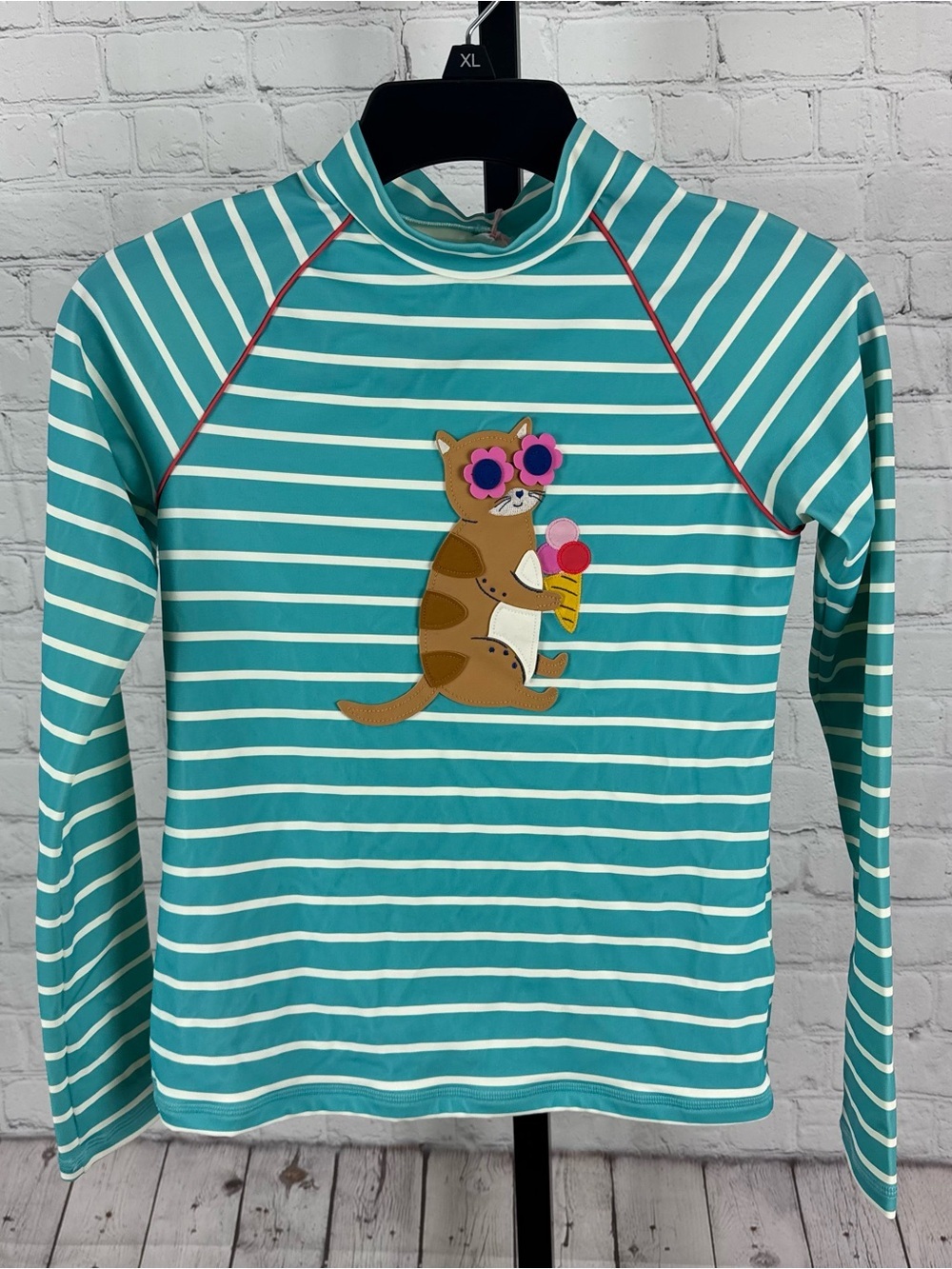 Mini Boden Blue Striped Cat Graphic Rashguard Top Sun Safe UPF 40 Size 11/12